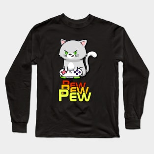 Gamer Cat with Controller pew pew pew Long Sleeve T-Shirt